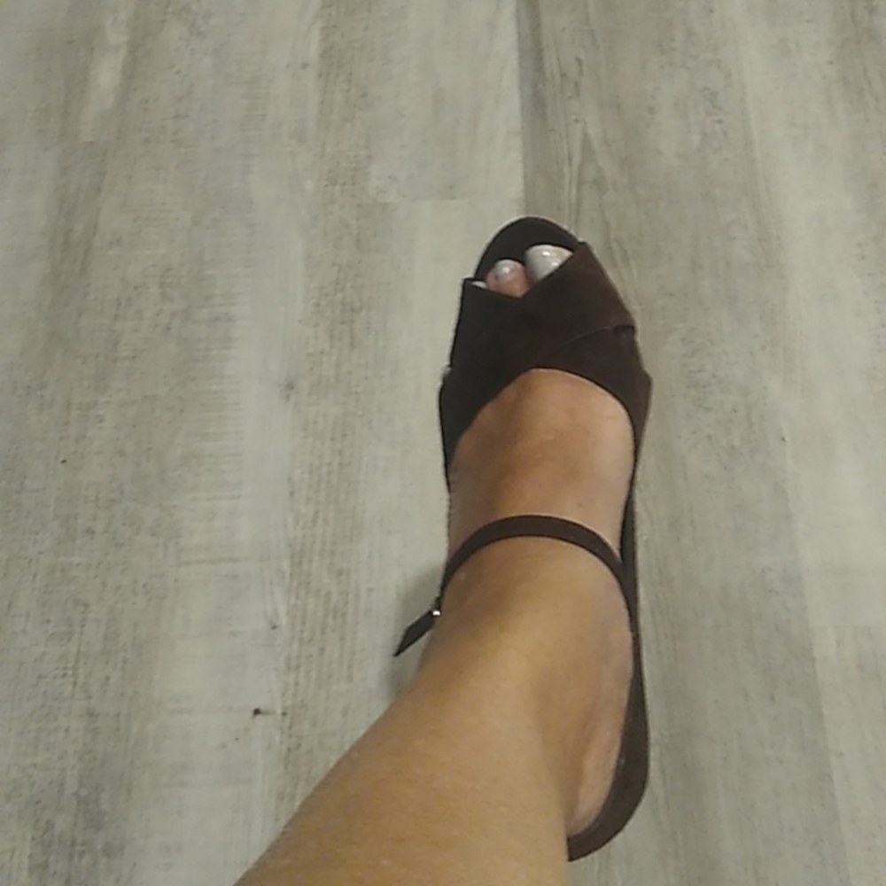Marc Fisher brown suede open toe shoes with strap across the front.